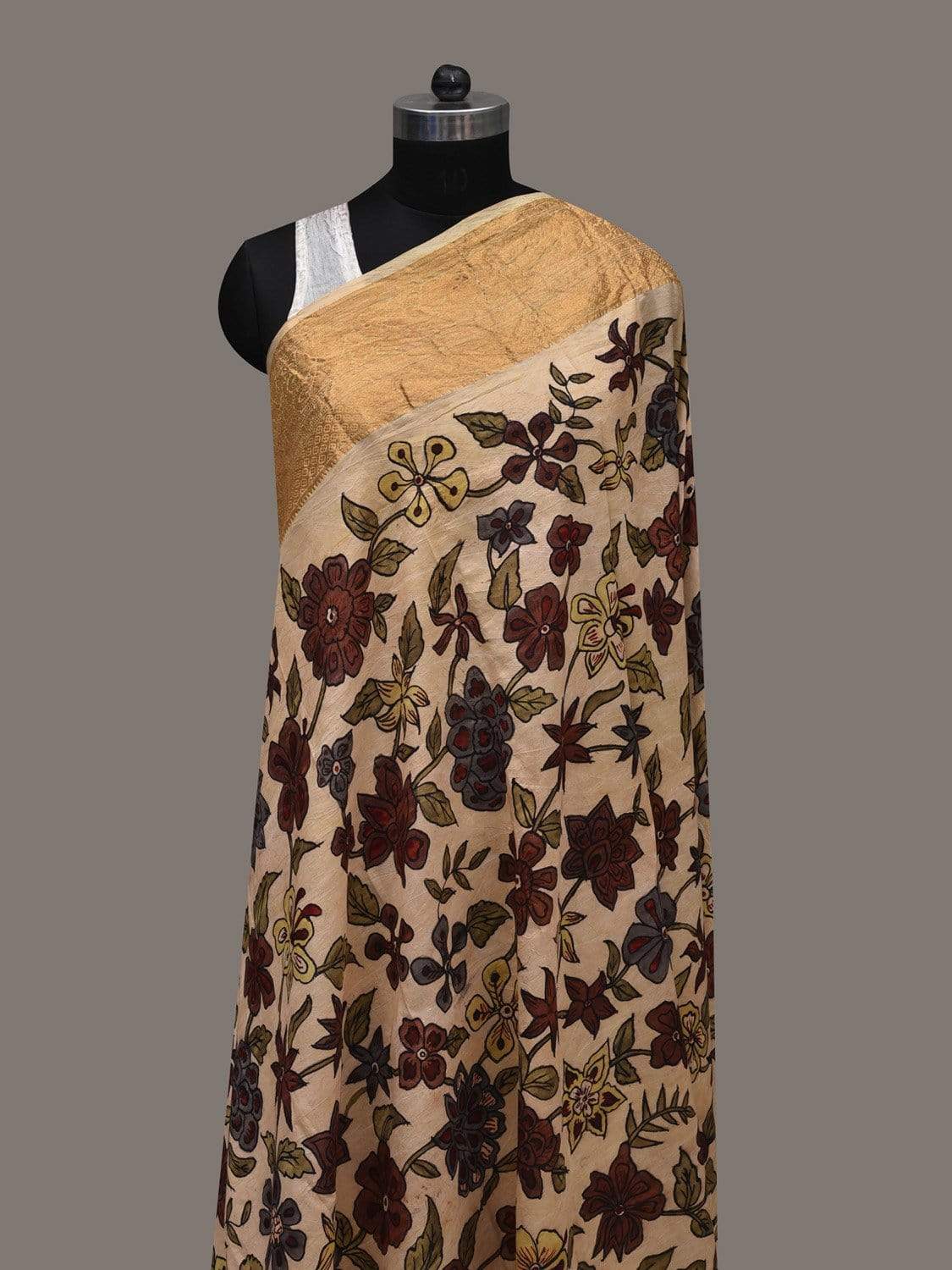 Cream Kalamkari Hand Painted Kanchipuram Silk Handloom Dupatta with Floral Design ds2521