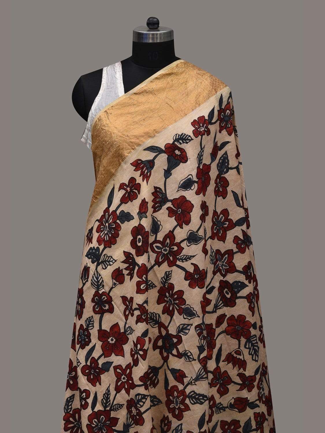 Cream Kalamkari Hand Painted Kanchipuram Silk Handloom Dupatta with Floral Design ds2557