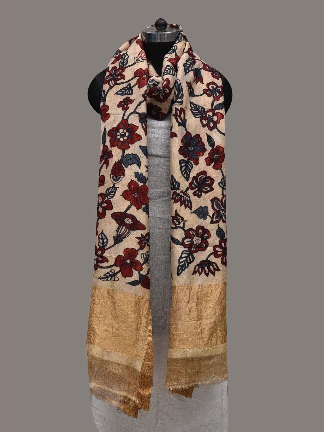 Cream Kalamkari Hand Painted Kanchipuram Silk Handloom Dupatta with Floral Design ds2557