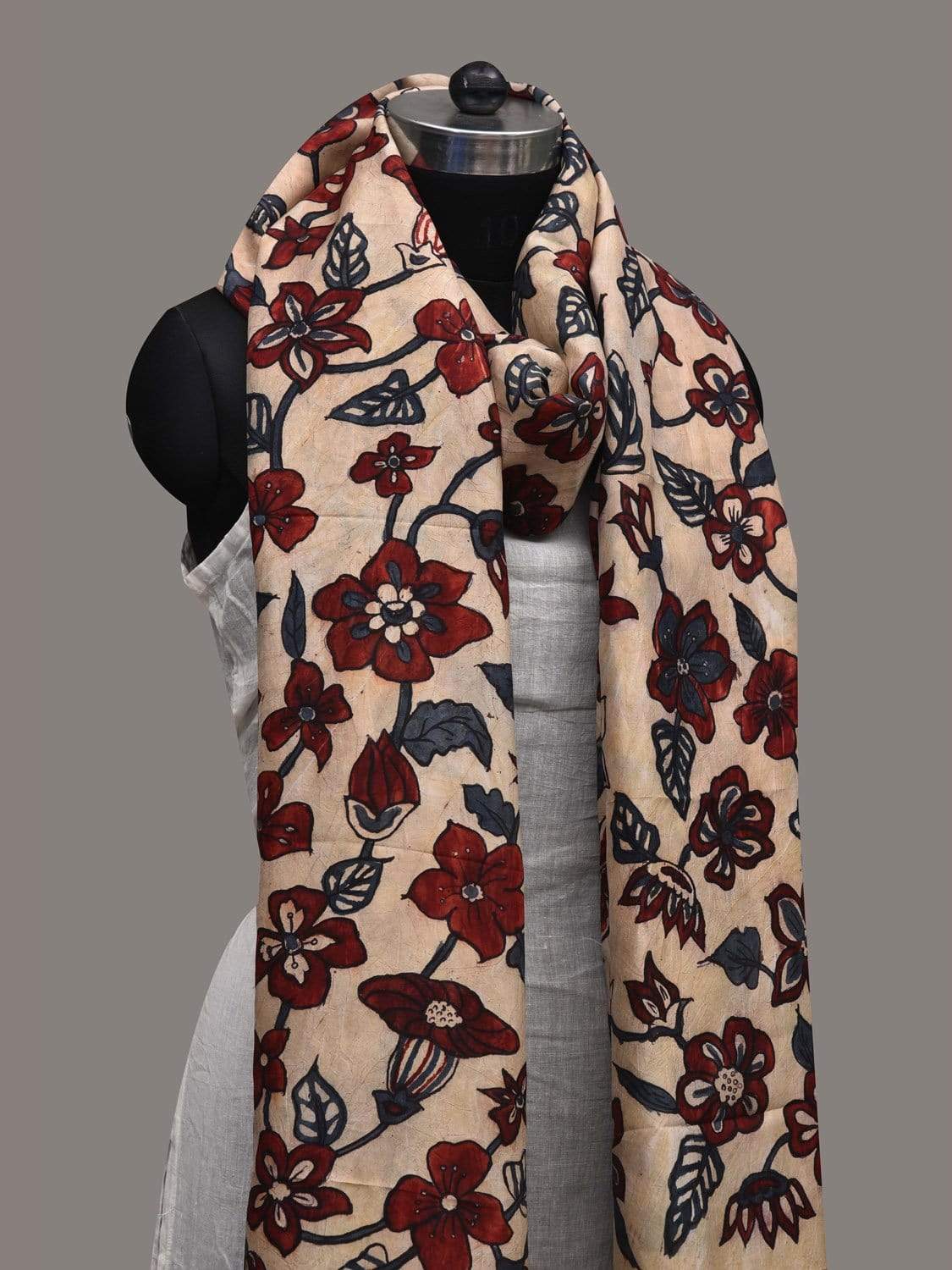 Cream Kalamkari Hand Painted Kanchipuram Silk Handloom Dupatta with Floral Design ds2557