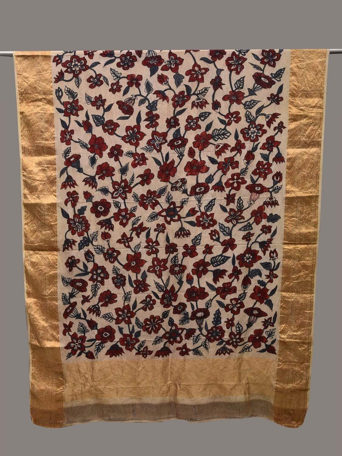 Cream Kalamkari Hand Painted Kanchipuram Silk Handloom Dupatta with Floral Design ds2557