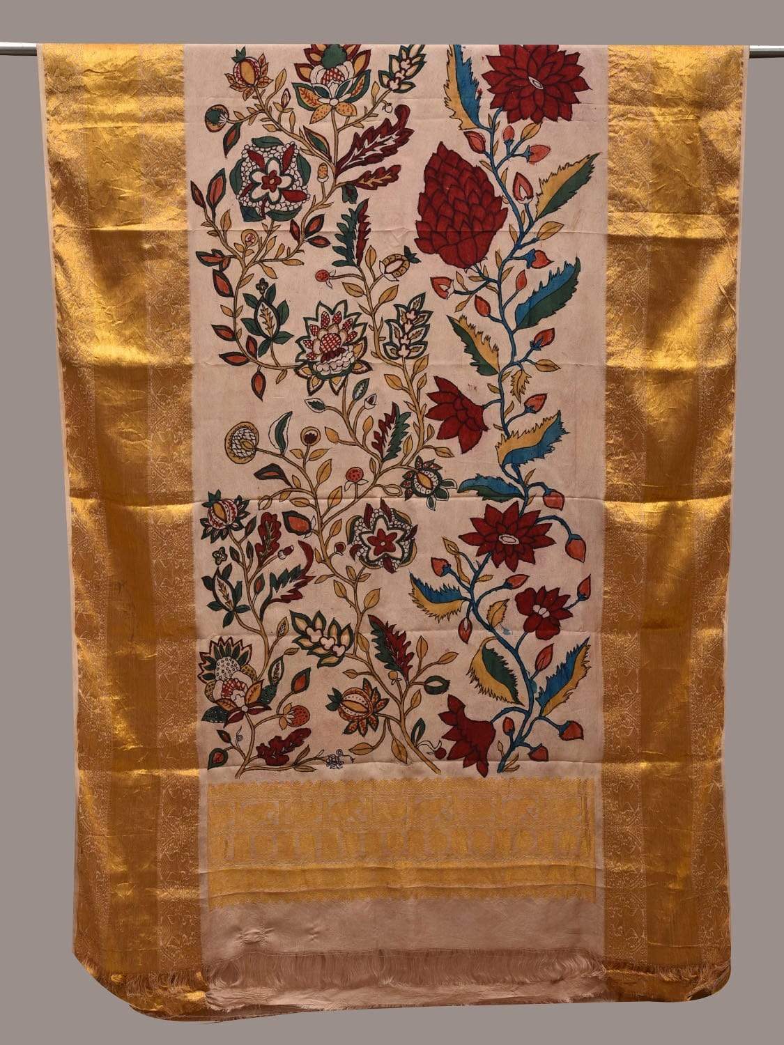 Cream Kalamkari Hand Painted Kanchipuram Silk Handloom Dupatta with Floral Design ds2578
