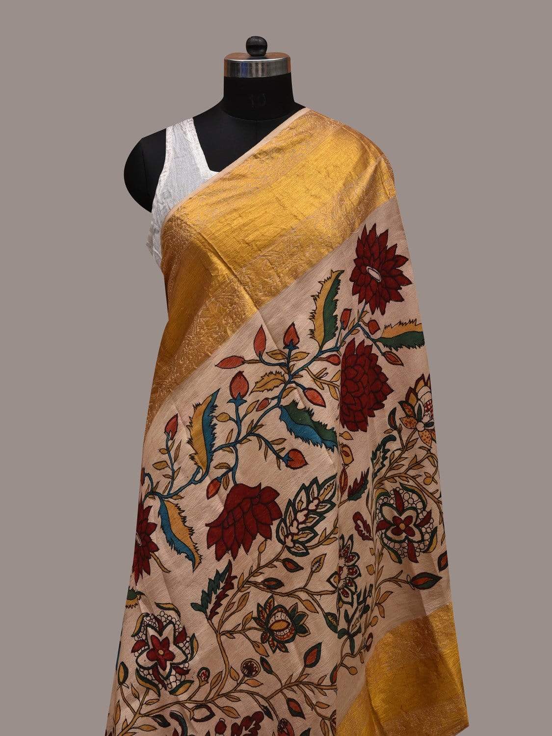Cream Kalamkari Hand Painted Kanchipuram Silk Handloom Dupatta with Floral Design ds2578