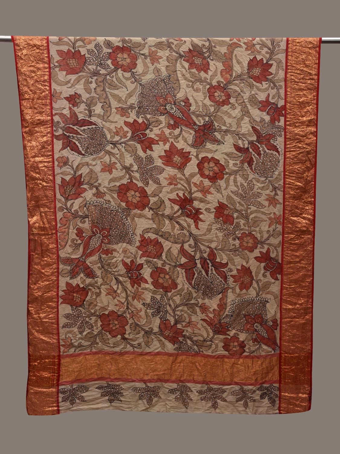 Cream Kalamkari Hand Painted Kanchipuram Silk Handloom Dupatta with Floral Design ds2658