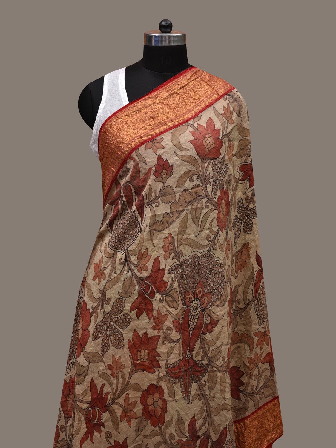 Cream Kalamkari Hand Painted Kanchipuram Silk Handloom Dupatta with Floral Design ds2658