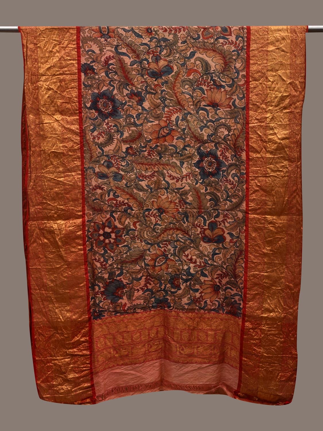 Cream Kalamkari Hand Painted Kanchipuram Silk Handloom Dupatta with Floral Design ds2661