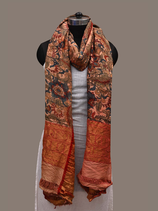 Cream Kalamkari Hand Painted Kanchipuram Silk Handloom Dupatta with Floral Design ds2661