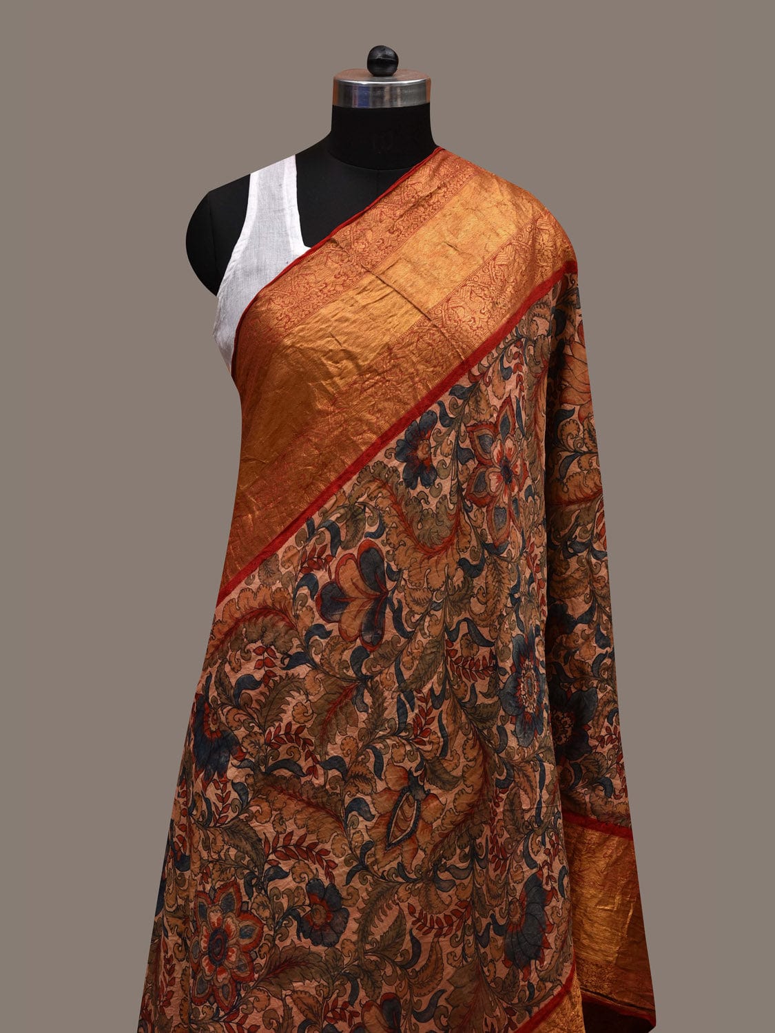 Cream Kalamkari Hand Painted Kanchipuram Silk Handloom Dupatta with Floral Design ds2661