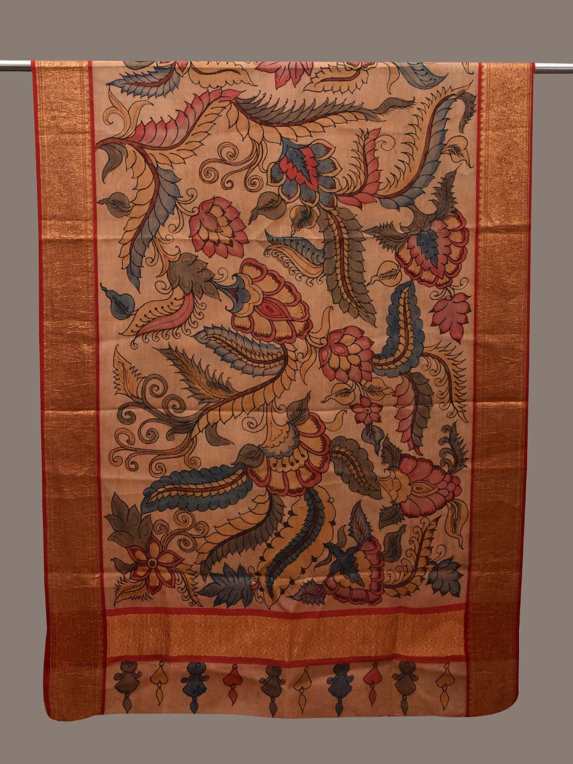 Cream Kalamkari Hand Painted Kanchipuram Silk Handloom Dupatta with Floral Design ds2747