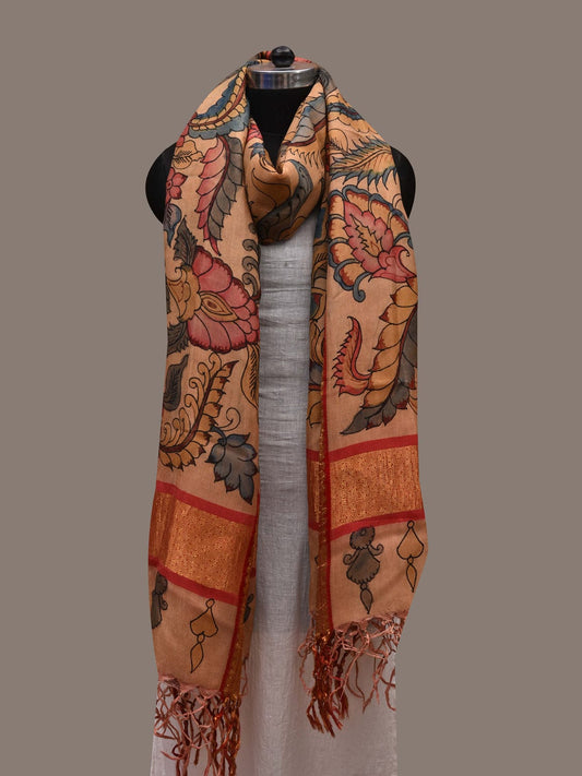 Cream Kalamkari Hand Painted Kanchipuram Silk Handloom Dupatta with Floral Design ds2747