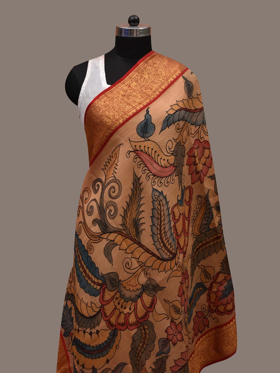 Cream Kalamkari Hand Painted Kanchipuram Silk Handloom Dupatta with Floral Design ds2747