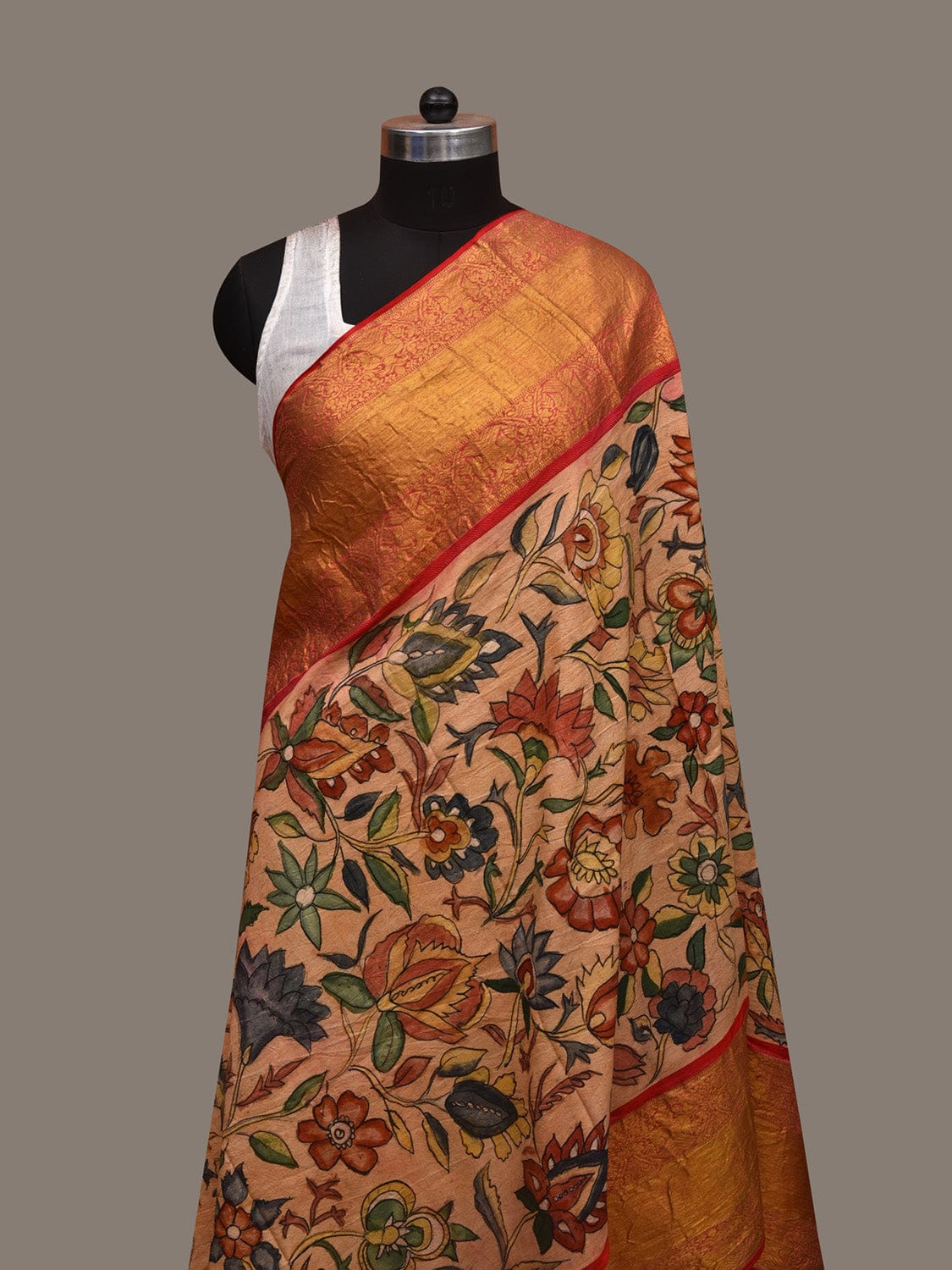 Cream Kalamkari Hand Painted Kanchipuram Silk Handloom Dupatta with Floral Design ds2971