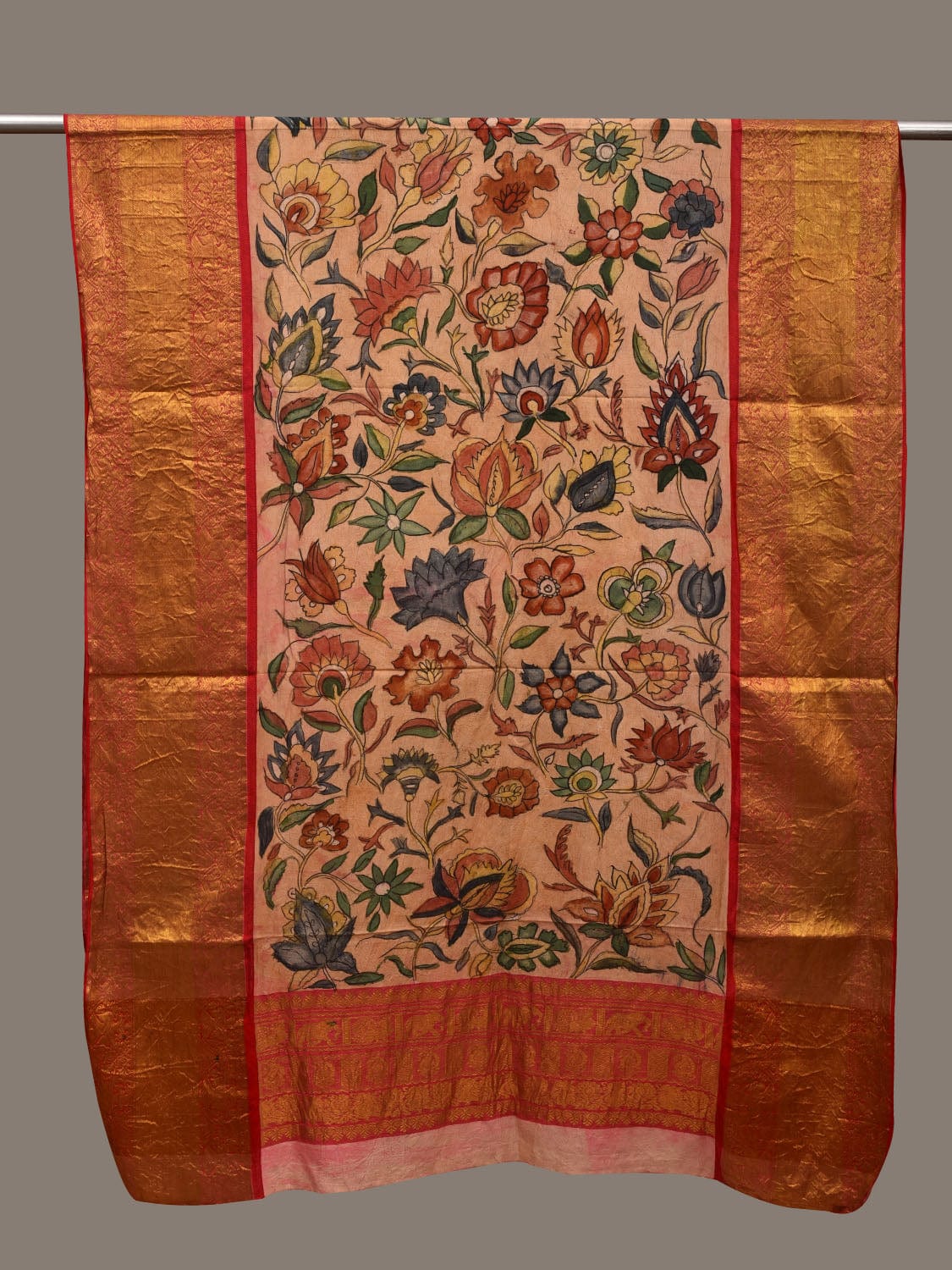 Cream Kalamkari Hand Painted Kanchipuram Silk Handloom Dupatta with Floral Design ds2971