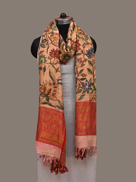 Cream Kalamkari Hand Painted Kanchipuram Silk Handloom Dupatta with Floral Design ds2971