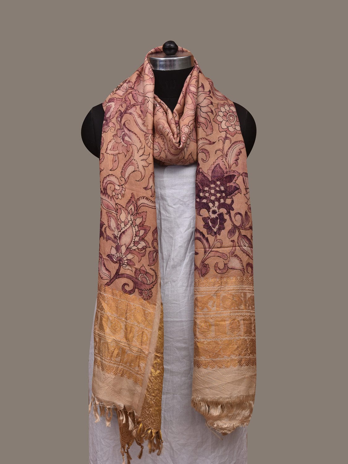 Cream Kalamkari Hand Painted Kanchipuram Silk Handloom Dupatta with Floral Design ds3072