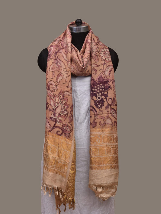 Cream Kalamkari Hand Painted Kanchipuram Silk Handloom Dupatta with Floral Design ds3072