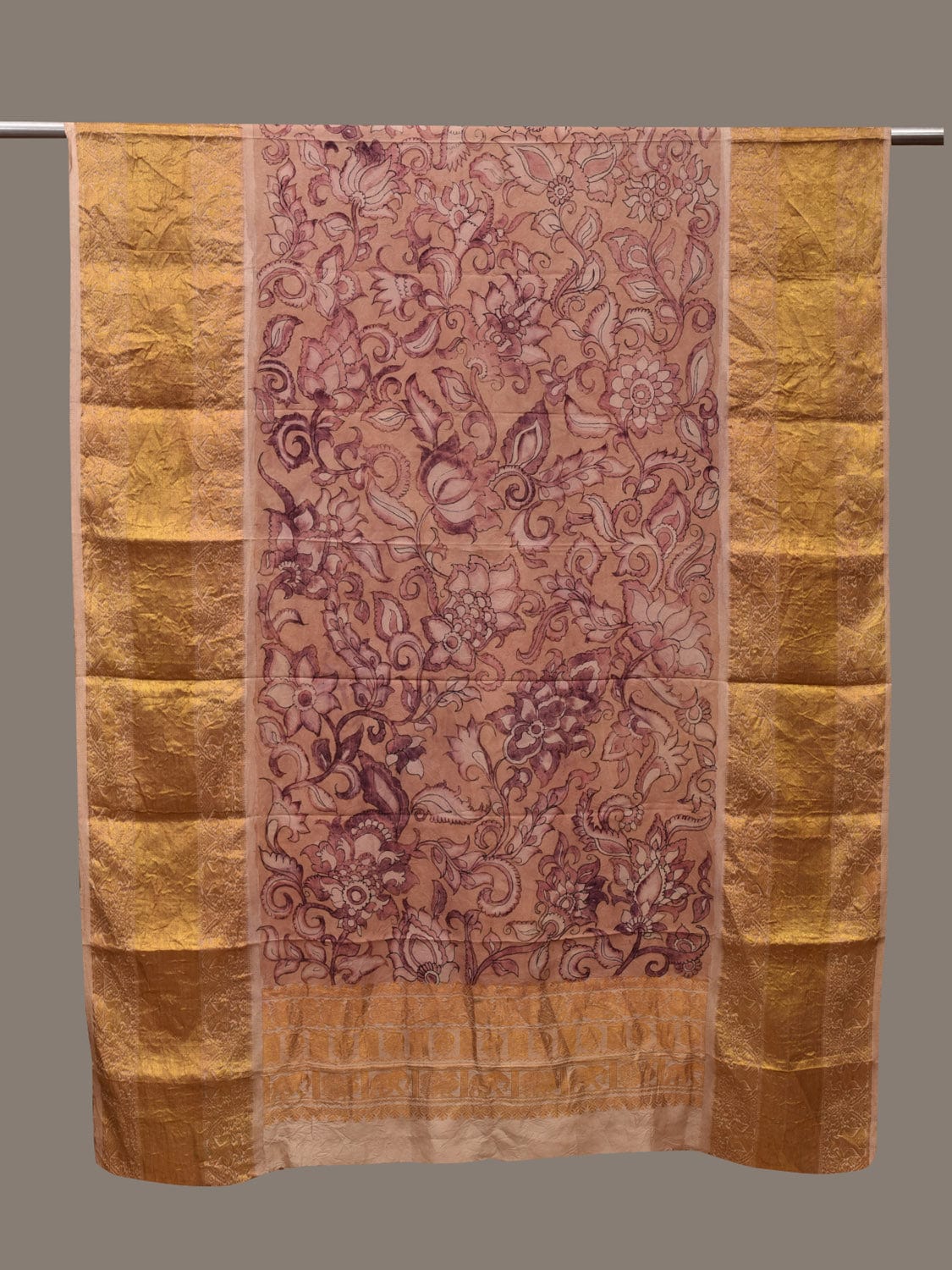 Cream Kalamkari Hand Painted Kanchipuram Silk Handloom Dupatta with Floral Design ds3072