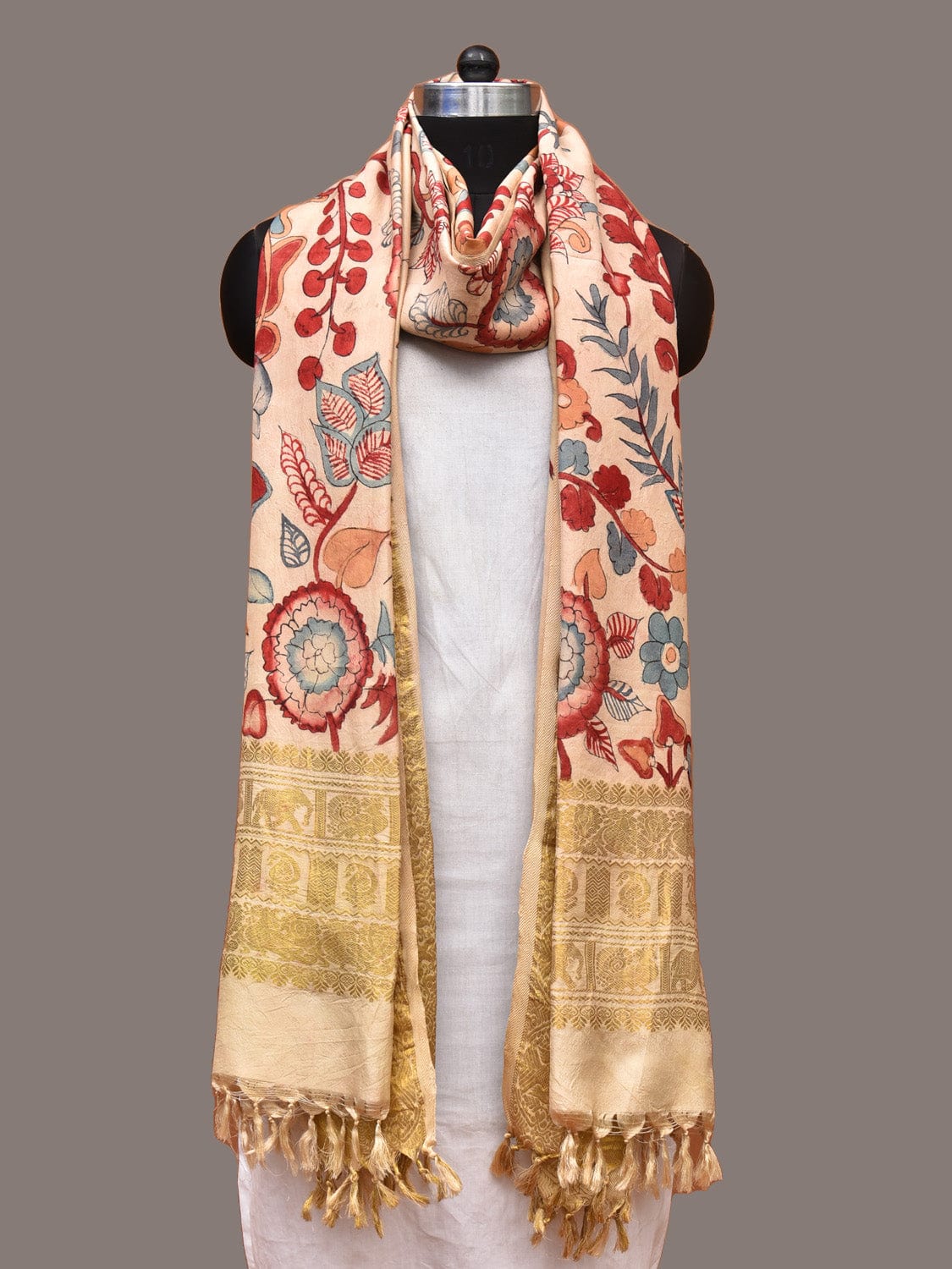 Cream Kalamkari Hand Painted Kanchipuram Silk Handloom Dupatta with Floral Design ds3322
