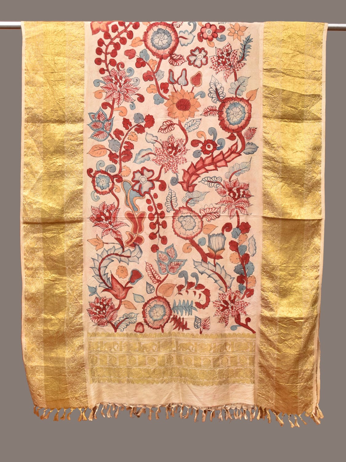 Cream Kalamkari Hand Painted Kanchipuram Silk Handloom Dupatta with Floral Design ds3322