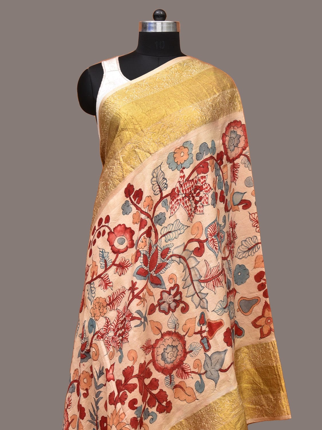 Cream Kalamkari Hand Painted Kanchipuram Silk Handloom Dupatta with Floral Design ds3322