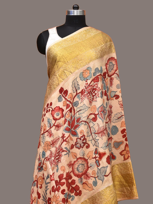 Cream Kalamkari Hand Painted Kanchipuram Silk Handloom Dupatta with Floral Design ds3322