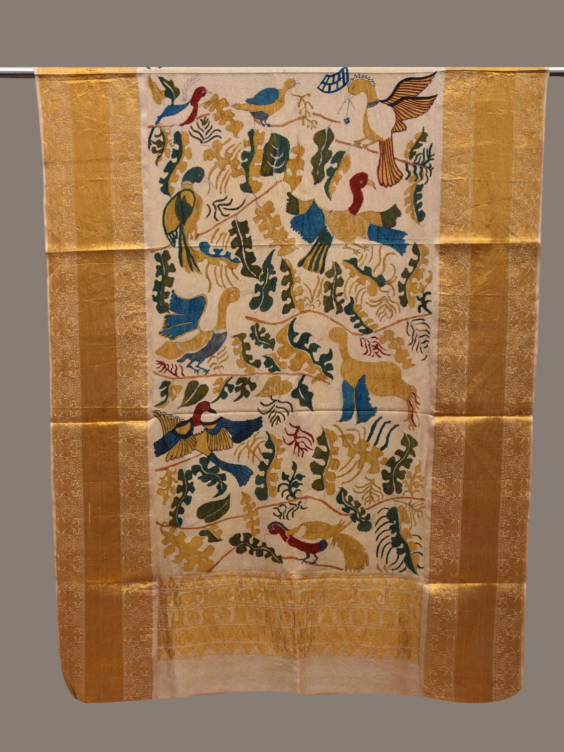Cream Kalamkari Hand Painted Kanchipuram Silk Handloom Dupatta with Flowers and Birds Design ds2660