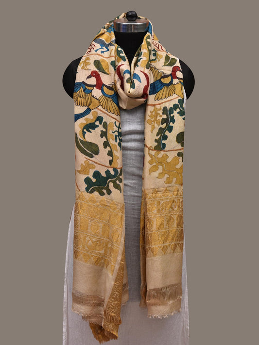Cream Kalamkari Hand Painted Kanchipuram Silk Handloom Dupatta with Flowers and Birds Design ds2660