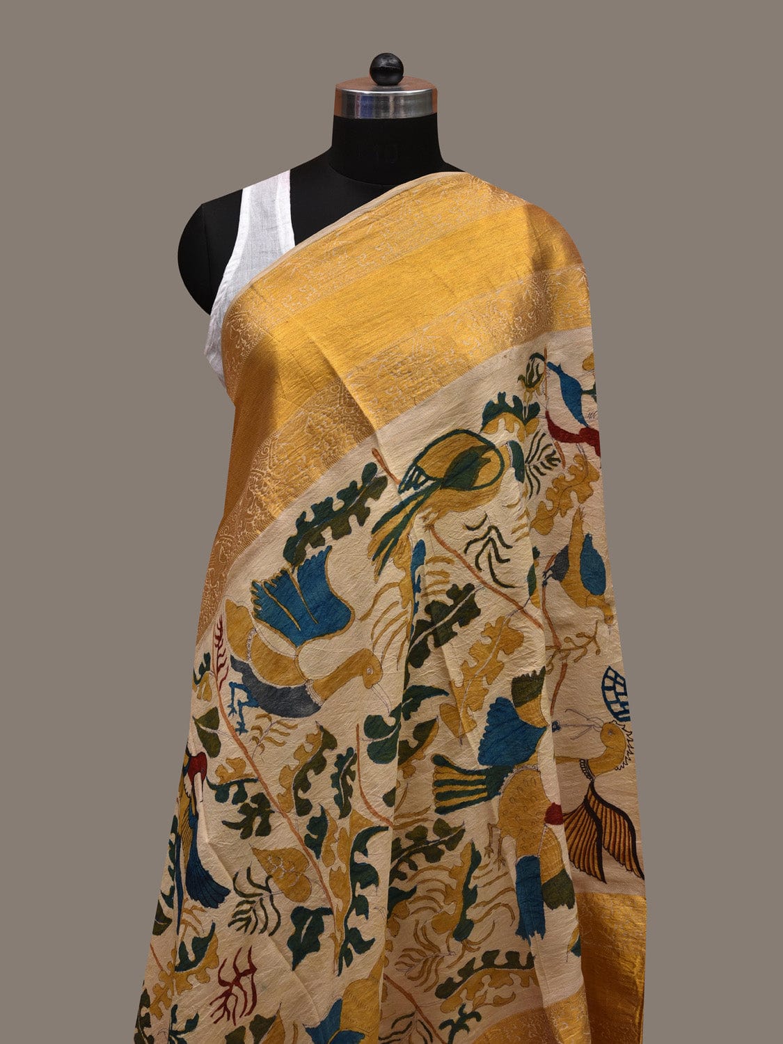 Cream Kalamkari Hand Painted Kanchipuram Silk Handloom Dupatta with Flowers and Birds Design ds2660