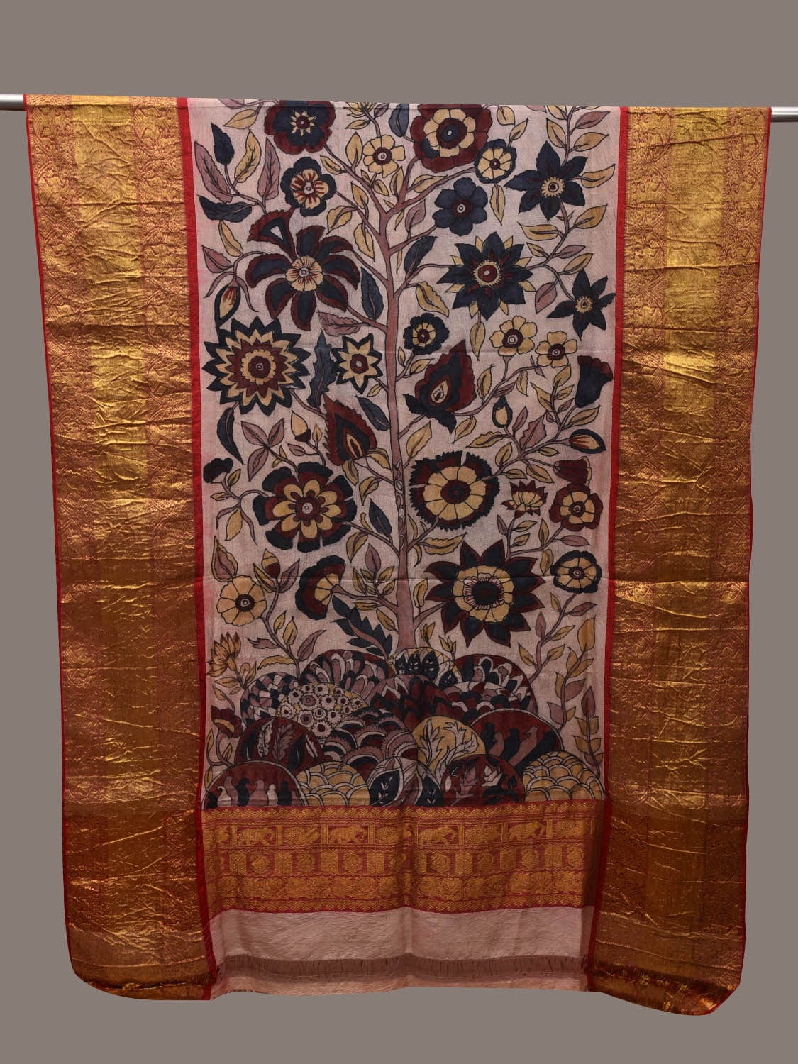 Cream Kalamkari Hand Painted Kanchipuram Silk Handloom Dupatta with Flowers Plant Design ds2705
