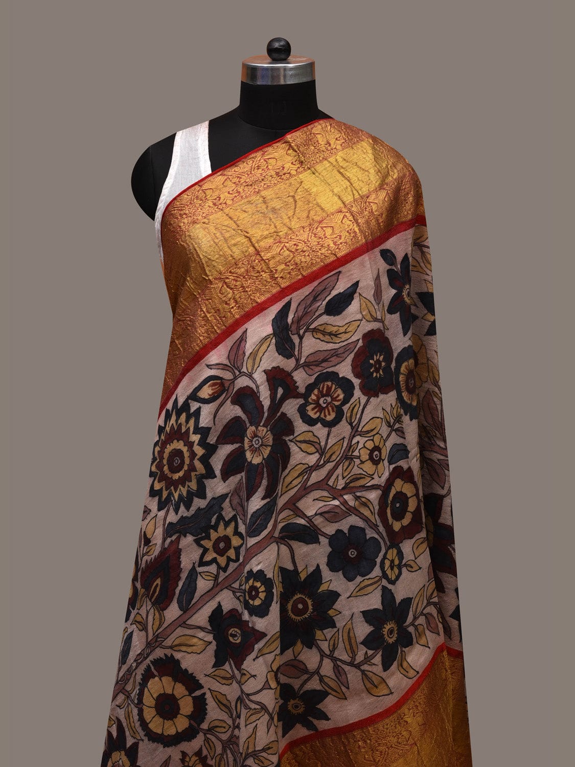 Cream Kalamkari Hand Painted Kanchipuram Silk Handloom Dupatta with Flowers Plant Design ds2705