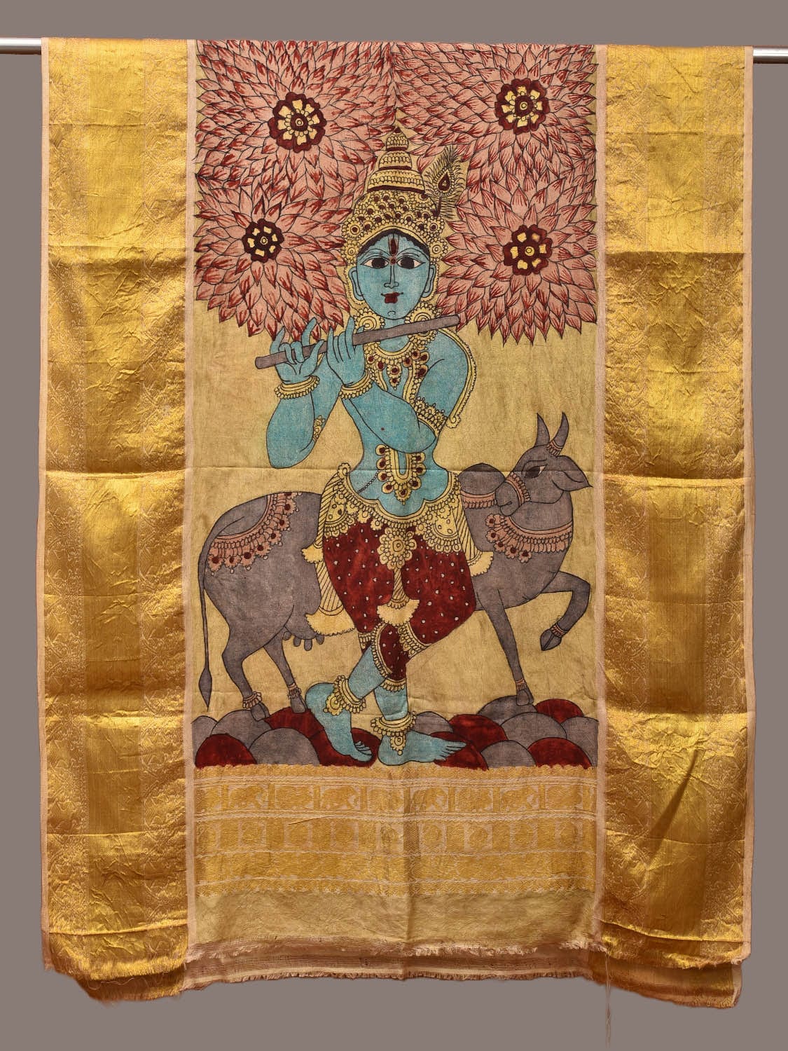 Cream Kalamkari Hand Painted Kanchipuram Silk Handloom Dupatta with Krishna and Cow Design ds3209