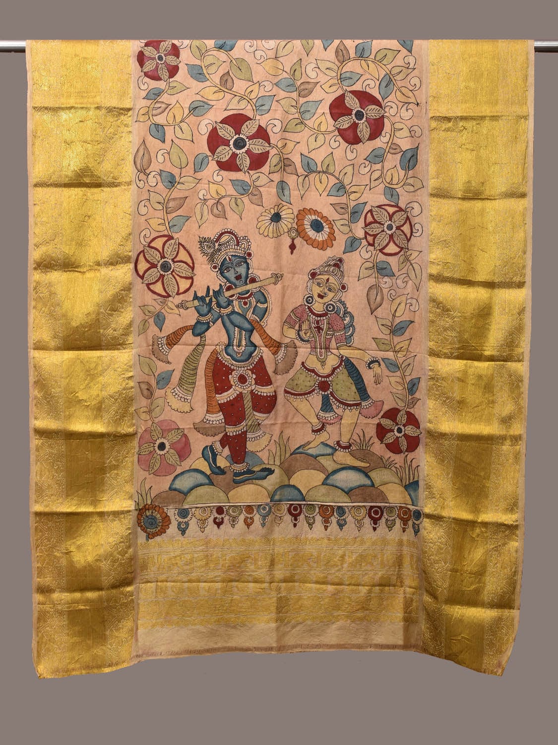 Cream Kalamkari Hand Painted Kanchipuram Silk Handloom Dupatta with Krishna and Radha Design ds3169