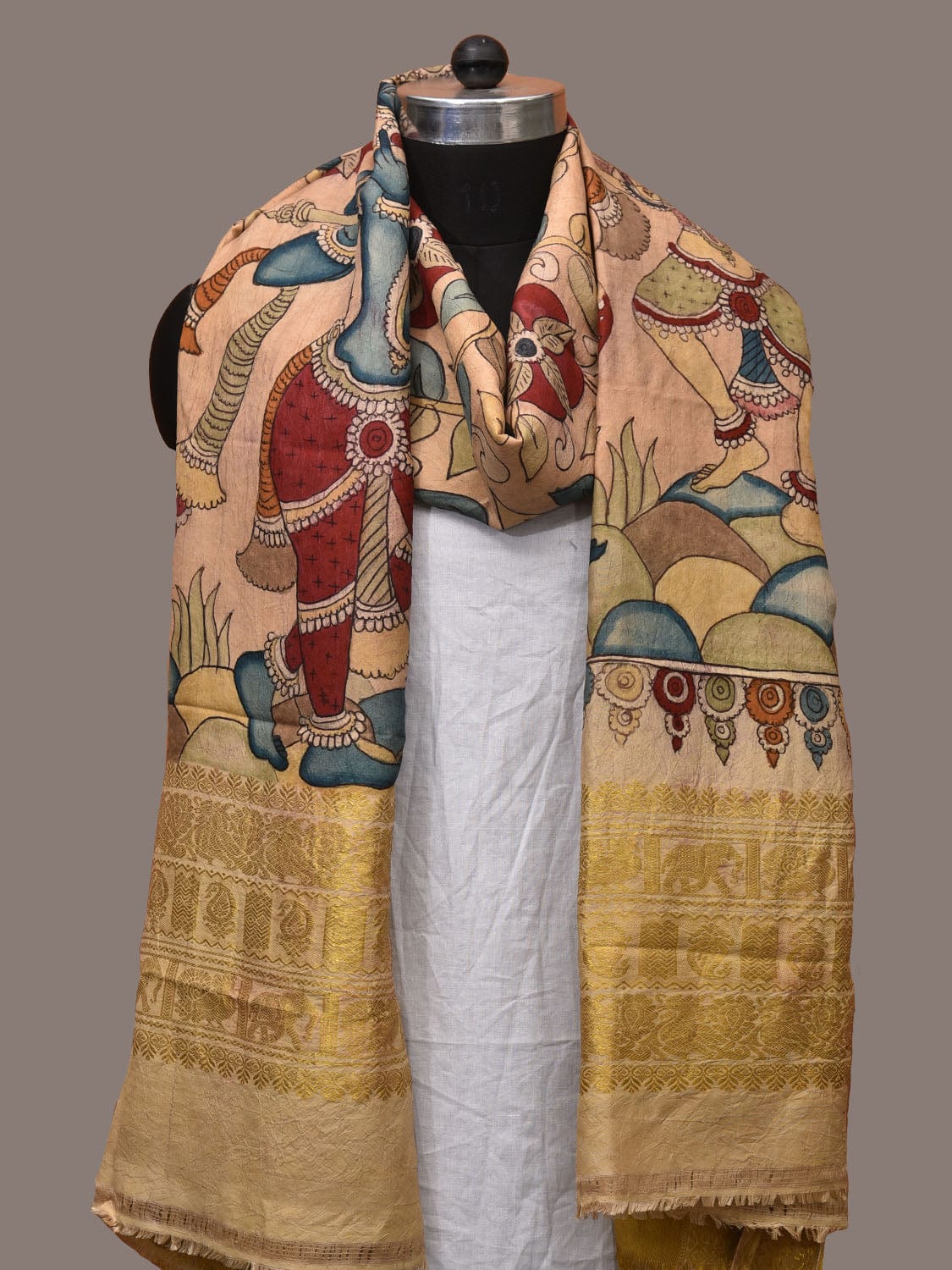 Cream Kalamkari Hand Painted Kanchipuram Silk Handloom Dupatta with Krishna and Radha Design ds3169