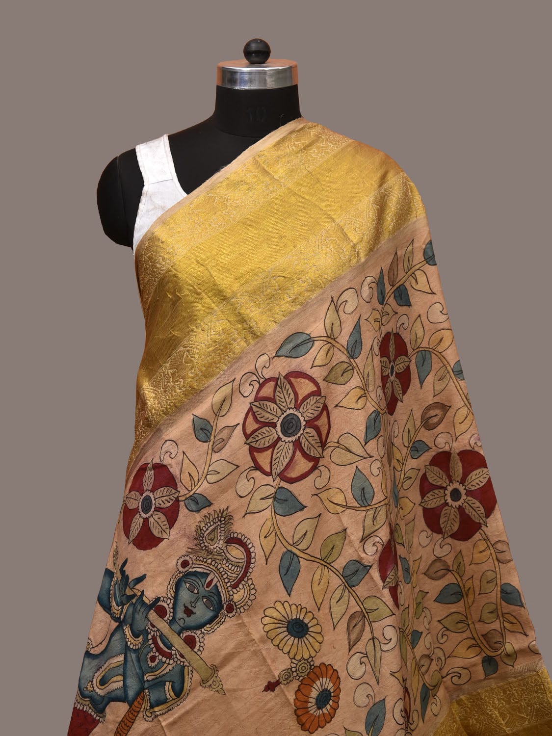 Cream Kalamkari Hand Painted Kanchipuram Silk Handloom Dupatta with Krishna and Radha Design ds3169