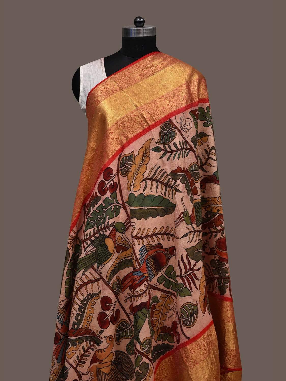 Cream Kalamkari Hand Painted Kanchipuram Silk Handloom Dupatta with Leaves and Birds Design ds2385