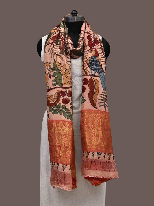 Cream Kalamkari Hand Painted Kanchipuram Silk Handloom Dupatta with Leaves and Birds Design ds2385