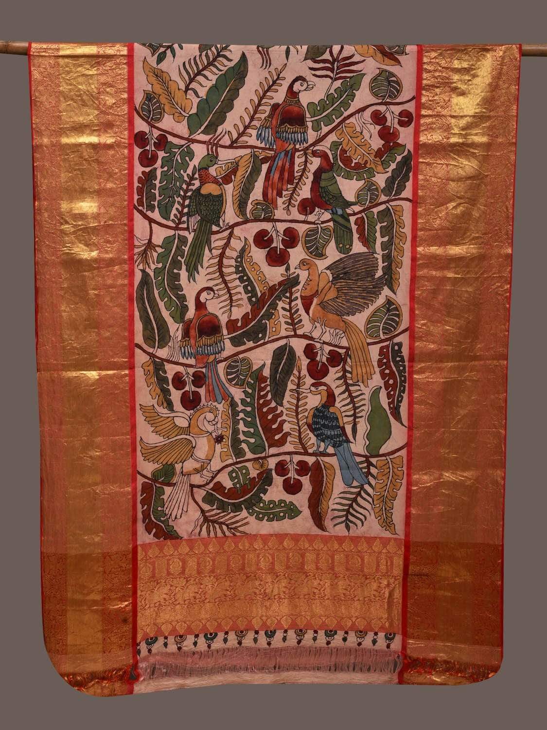 Cream Kalamkari Hand Painted Kanchipuram Silk Handloom Dupatta with Leaves and Birds Design ds2385
