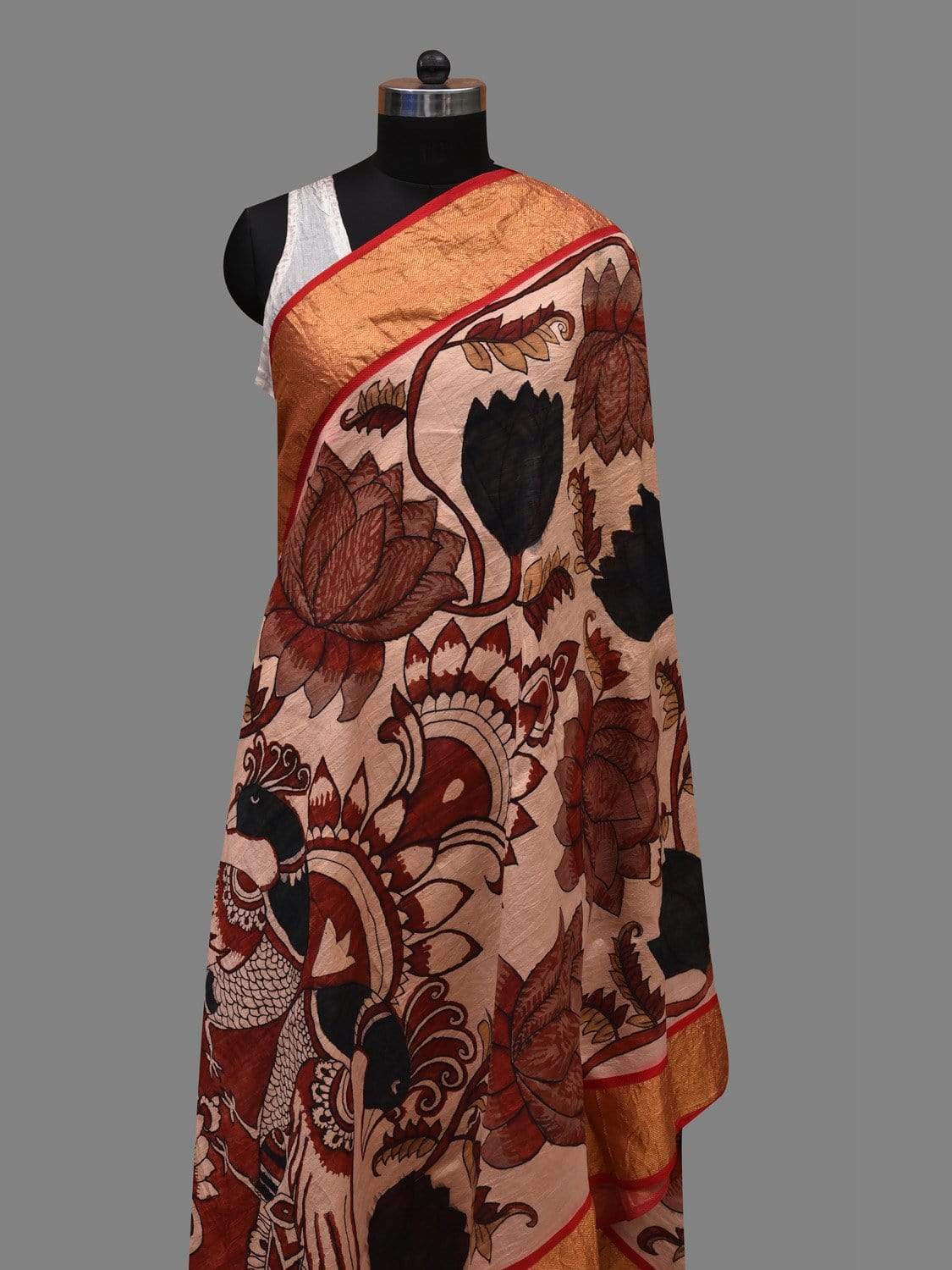 Cream Kalamkari Hand Painted Kanchipuram Silk Handloom Dupatta with Lotus Flowers and Peacocks Design ds2599