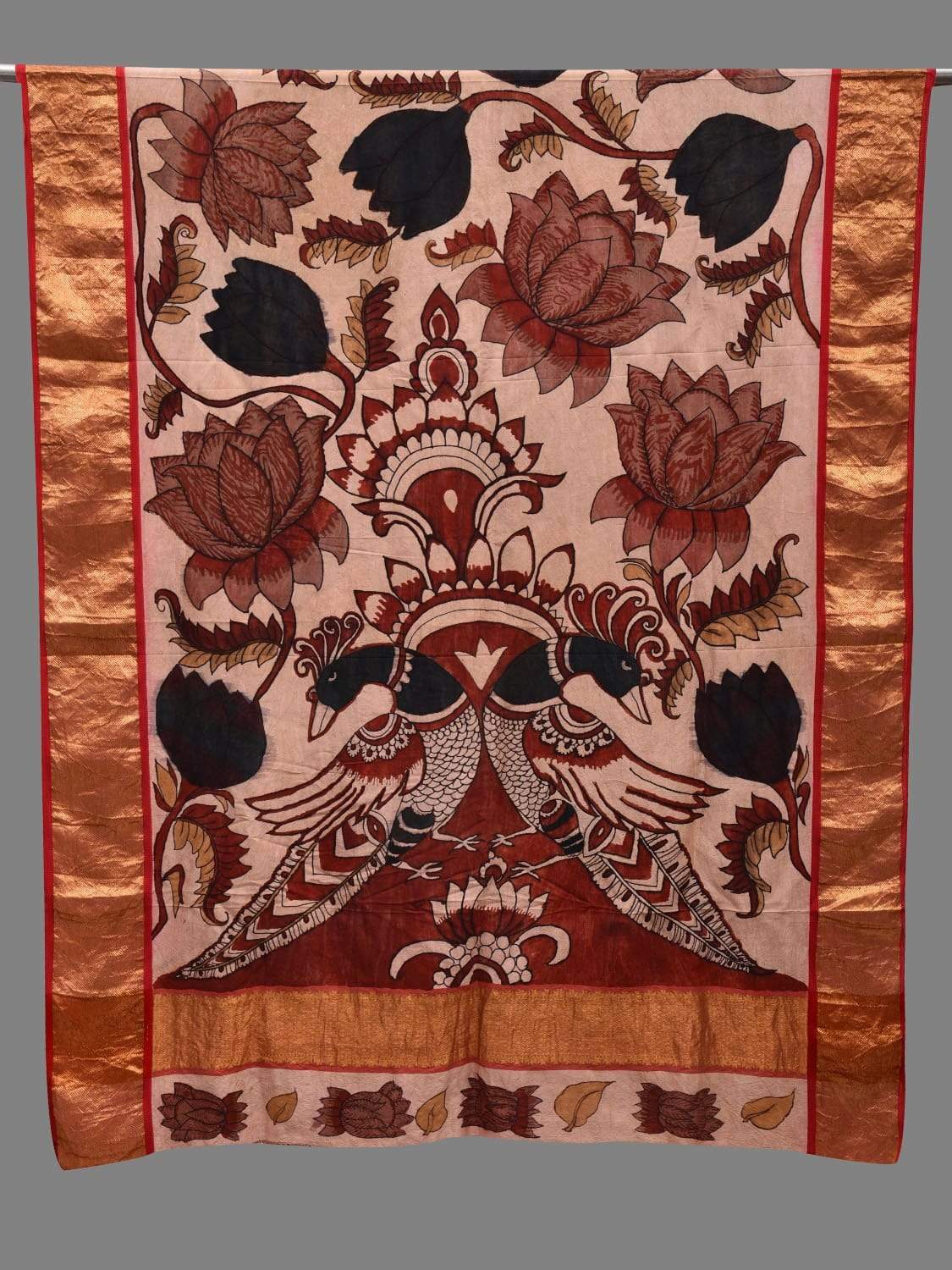 Cream Kalamkari Hand Painted Kanchipuram Silk Handloom Dupatta with Lotus Flowers and Peacocks Design ds2599