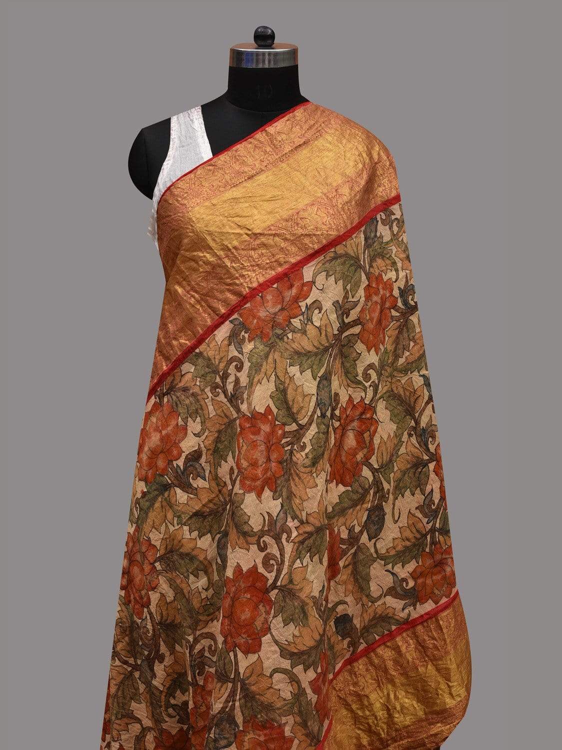 Cream Kalamkari Hand Painted Kanchipuram Silk Handloom Dupatta with Lotus Flowers Design ds2580