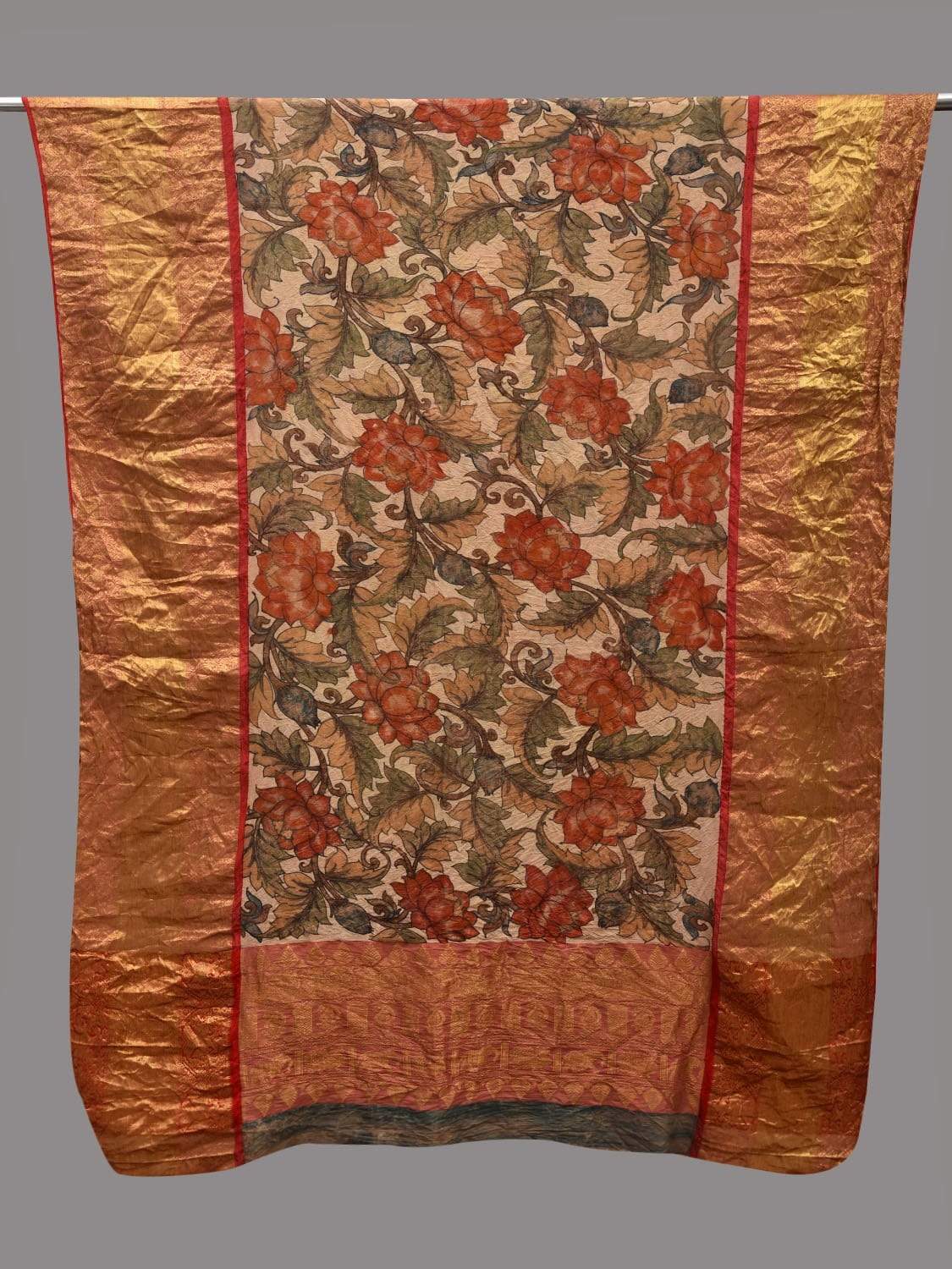 Cream Kalamkari Hand Painted Kanchipuram Silk Handloom Dupatta with Lotus Flowers Design ds2580