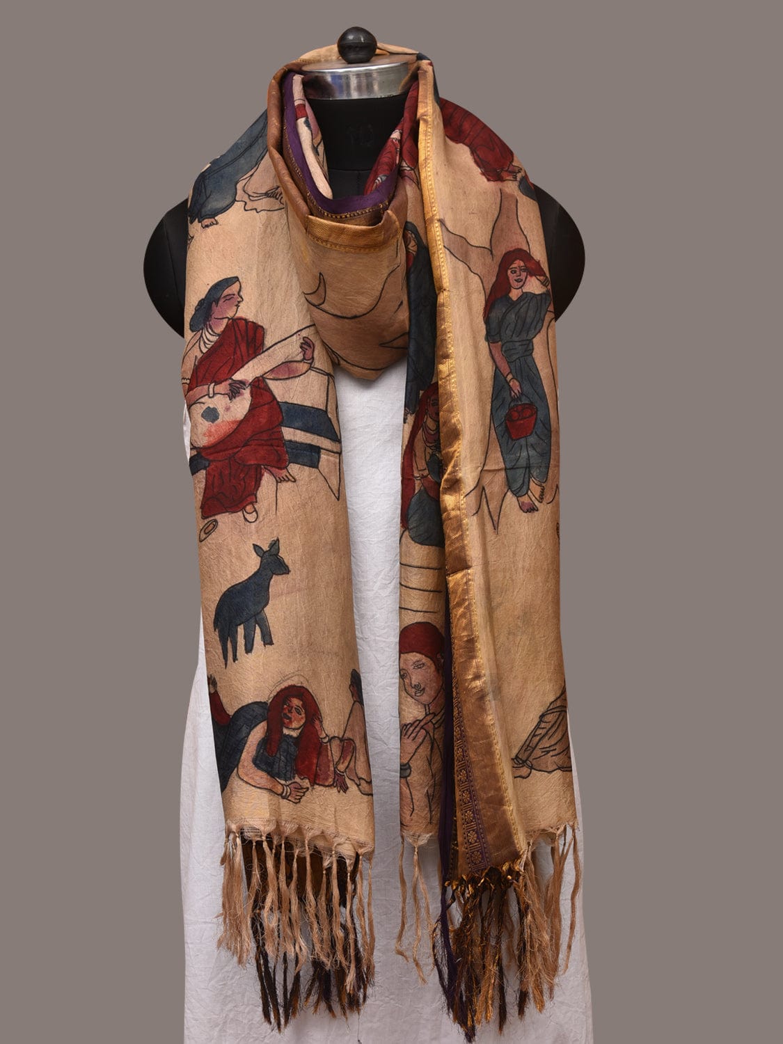 Cream Kalamkari Hand Painted Kanchipuram Silk Handloom Dupatta with Painting Design ds3429