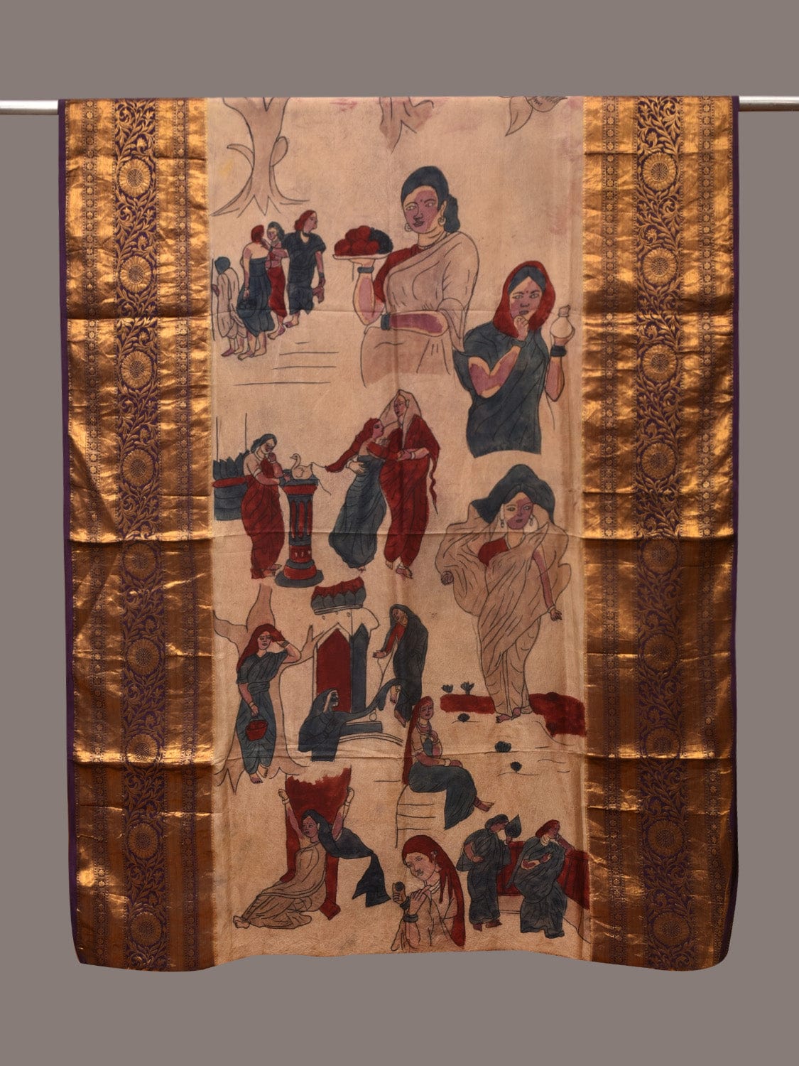 Cream Kalamkari Hand Painted Kanchipuram Silk Handloom Dupatta with Painting Design ds3429