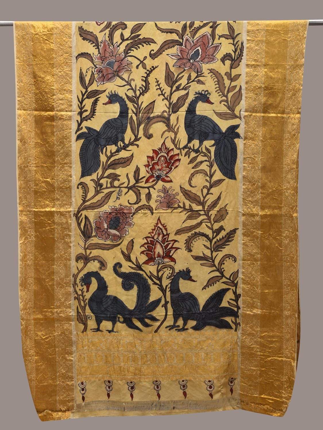 Cream Kalamkari Hand Painted Kanchipuram Silk Handloom Dupatta with Peacocks and Floral Design ds2525