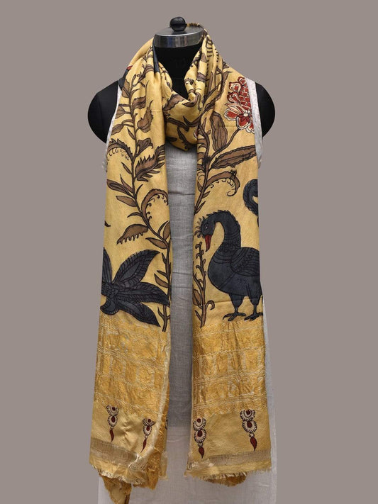 Cream Kalamkari Hand Painted Kanchipuram Silk Handloom Dupatta with Peacocks and Floral Design ds2525