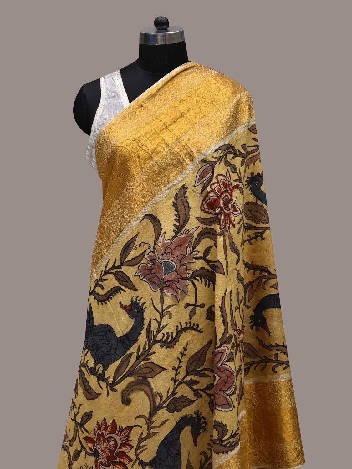 Cream Kalamkari Hand Painted Kanchipuram Silk Handloom Dupatta with Peacocks and Floral Design ds2525
