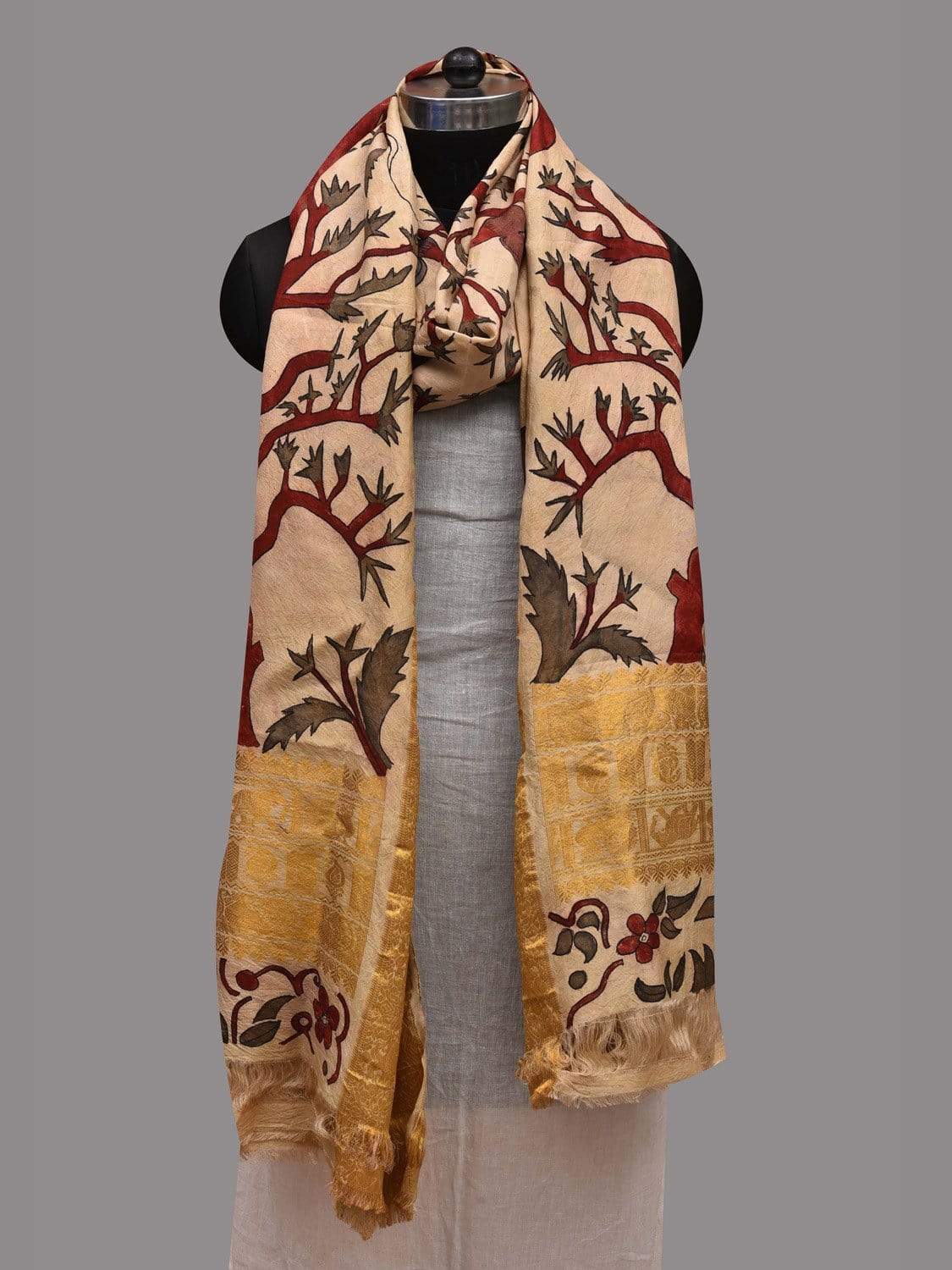 Cream Kalamkari Hand Painted Kanchipuram Silk Handloom Dupatta with Trees and Animals Design ds2592