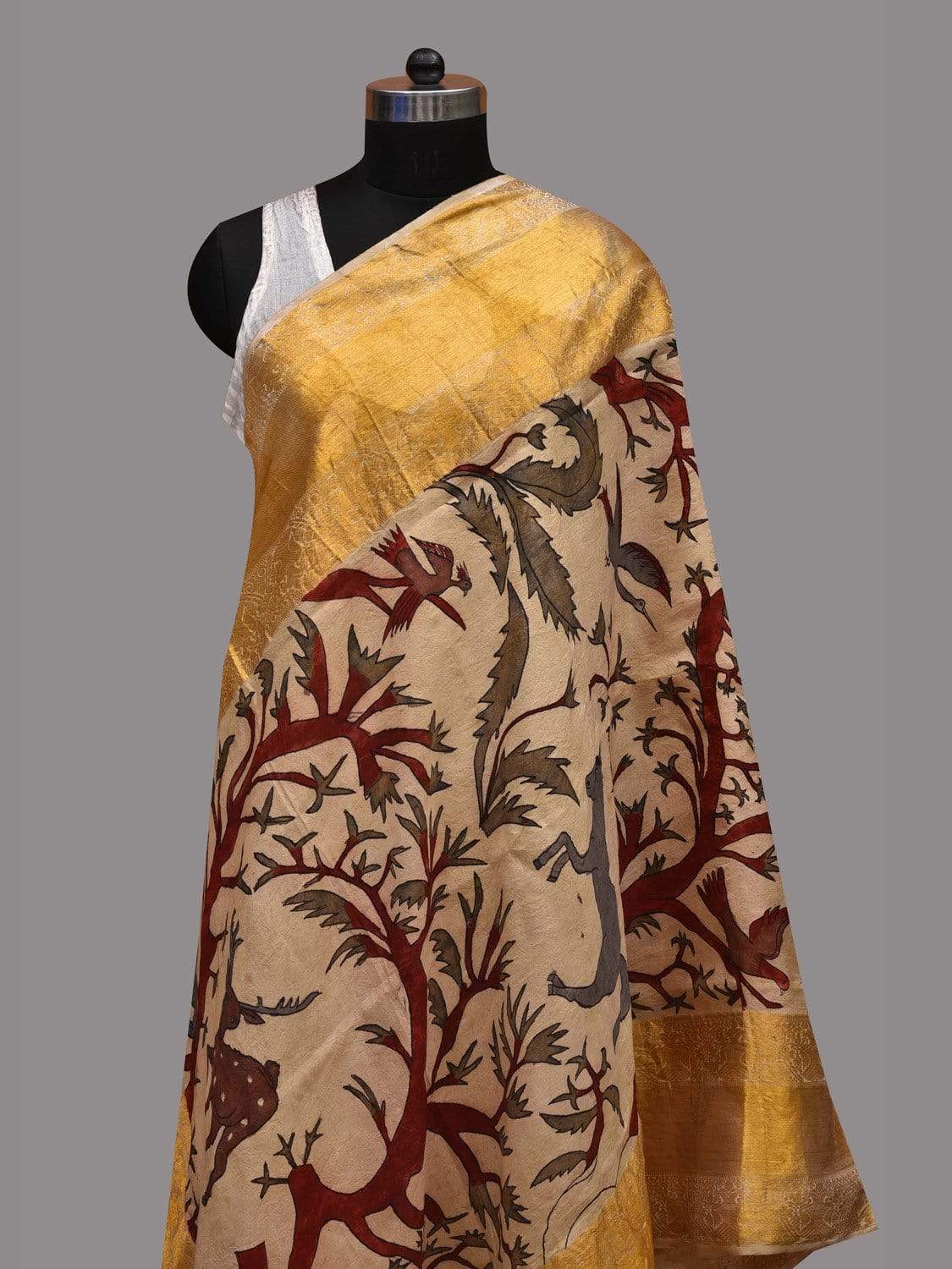 Cream Kalamkari Hand Painted Kanchipuram Silk Handloom Dupatta with Trees and Animals Design ds2592