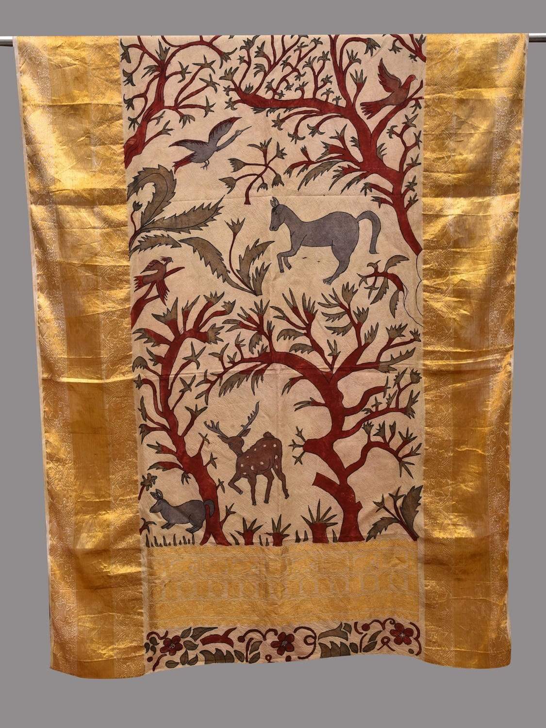 Cream Kalamkari Hand Painted Kanchipuram Silk Handloom Dupatta with Trees and Animals Design ds2592