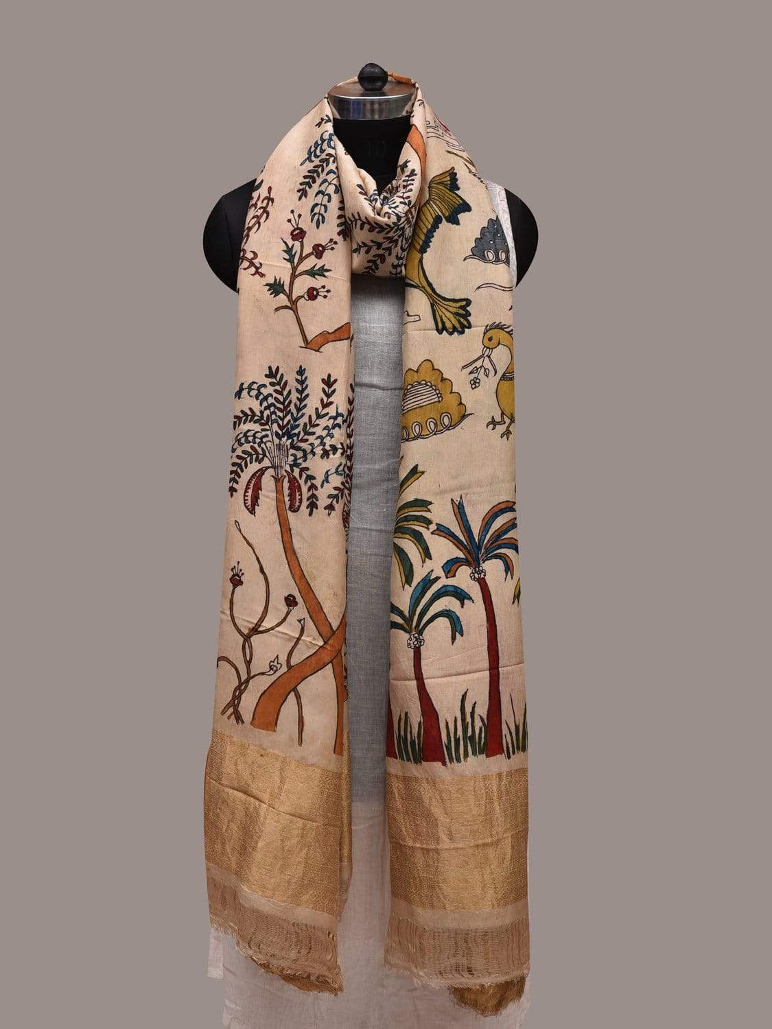 Cream Kalamkari Hand Painted Kanchipuram Silk Handloom Dupatta with Trees and Birds Design ds2576